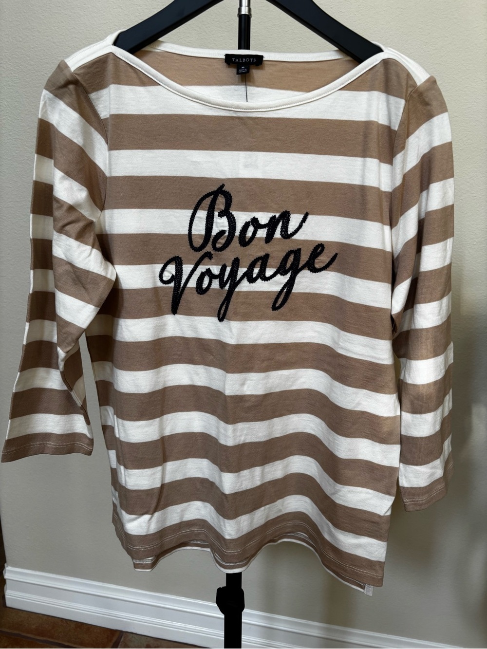 Talbots Striped Boatneck Top in White and Tan with 'Bon Voyage' Script